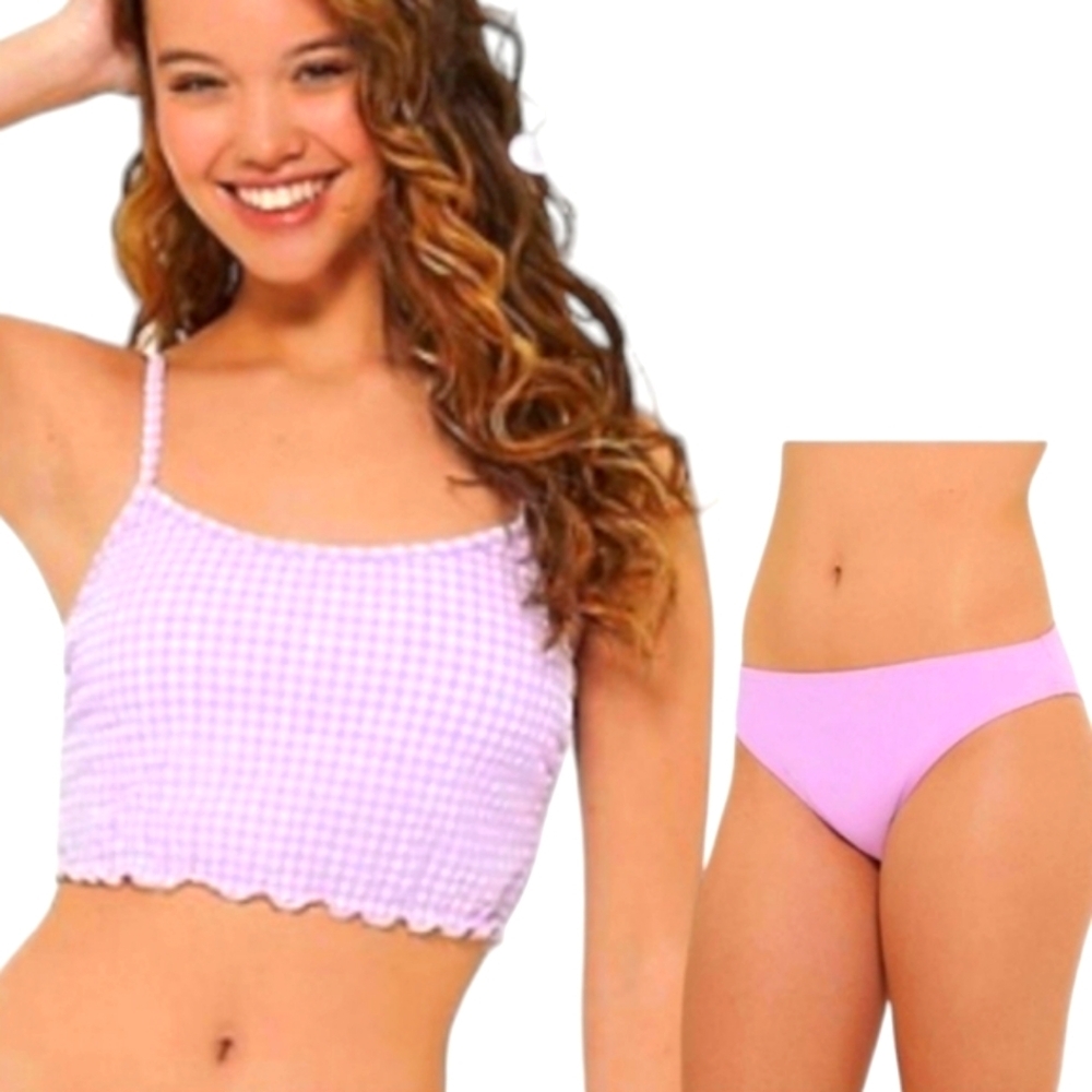 Juniors 99 Degrees 2-pc Bikini Set Gingham Crop Top | Ruched Bottom Lilac XL NWT
